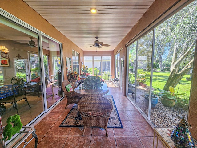 sunroom with ceiling fan and wood ceiling