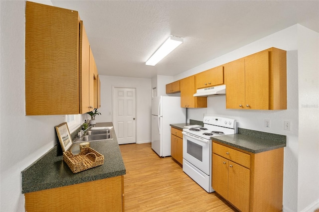 kitchen with a textured ceiling, white appliances, light hardwood / wood-style flooring, and sink