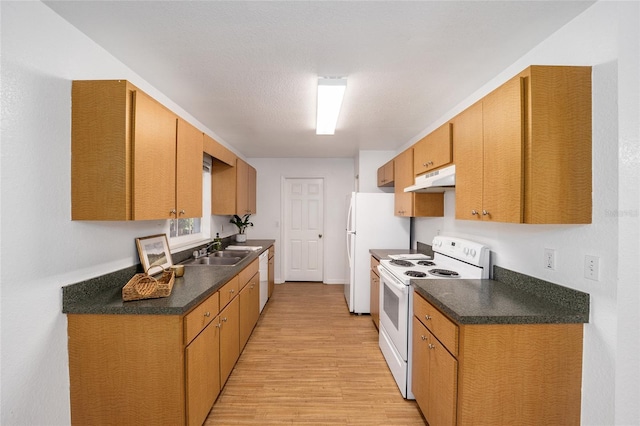 kitchen with sink, white appliances, and light wood-type flooring