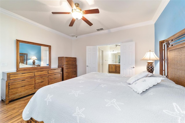 bedroom featuring ceiling fan, ensuite bathroom, crown molding, and light hardwood / wood-style flooring