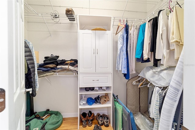 walk in closet with wood-type flooring