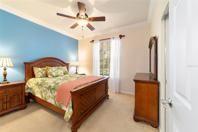 bedroom featuring light carpet, ceiling fan, and ornamental molding