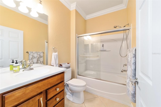 full bathroom with combined bath / shower with glass door, vanity, crown molding, tile patterned flooring, and toilet