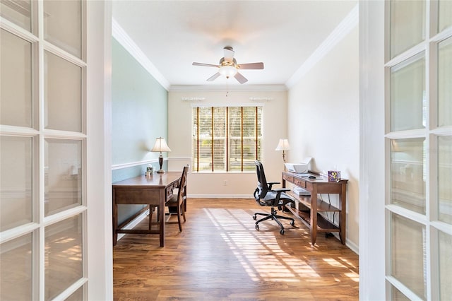 office space featuring hardwood / wood-style flooring, ceiling fan, and ornamental molding