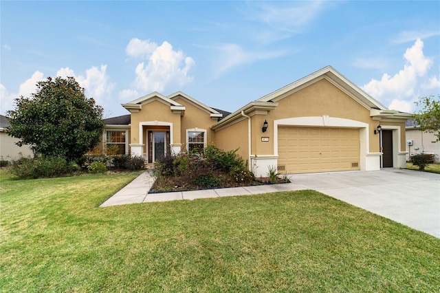 view of front facade with a front yard and a garage