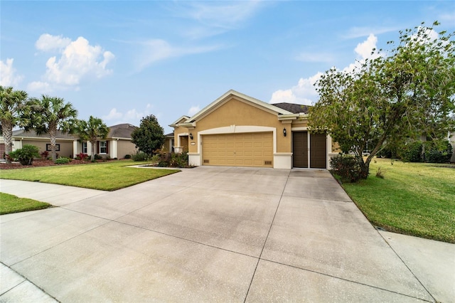 ranch-style house with a front yard and a garage