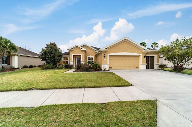 ranch-style home with a front yard and a garage