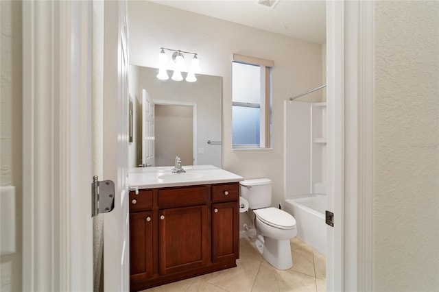 full bathroom with toilet, shower / bathing tub combination, vanity, and tile patterned floors