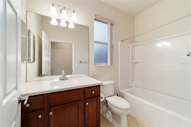 full bathroom with shower / washtub combination, tile patterned flooring, vanity, and toilet