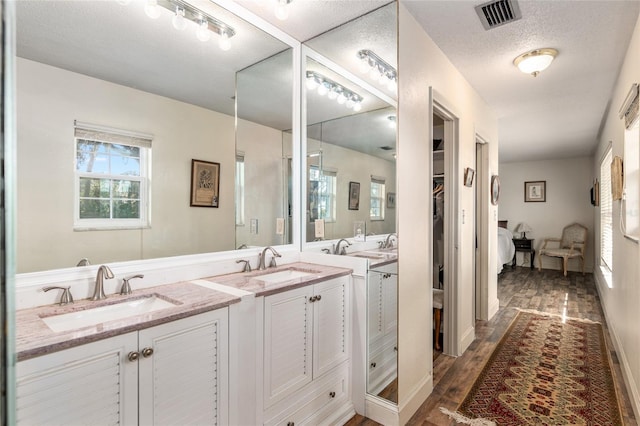 bathroom with vanity, wood-type flooring, and a textured ceiling