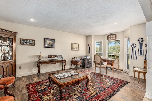 living room with wood-type flooring and a textured ceiling