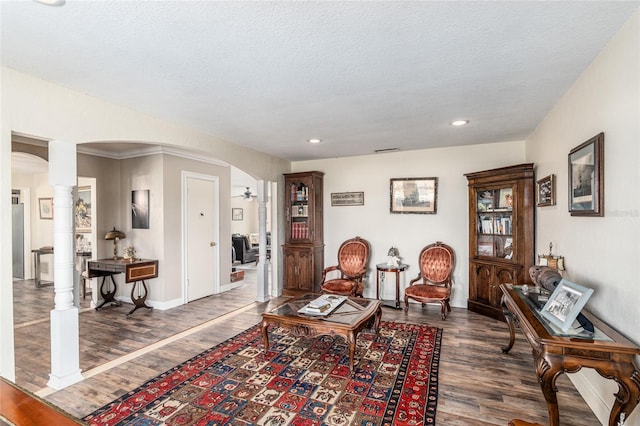 living area featuring ceiling fan, dark hardwood / wood-style flooring, and a textured ceiling