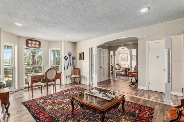 living room with hardwood / wood-style floors and a textured ceiling