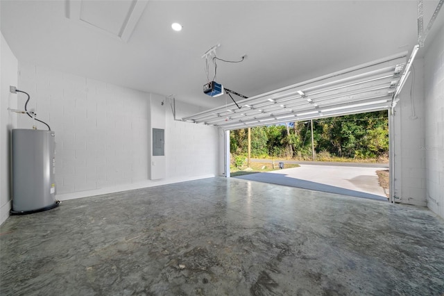 garage with electric panel, electric water heater, and a garage door opener