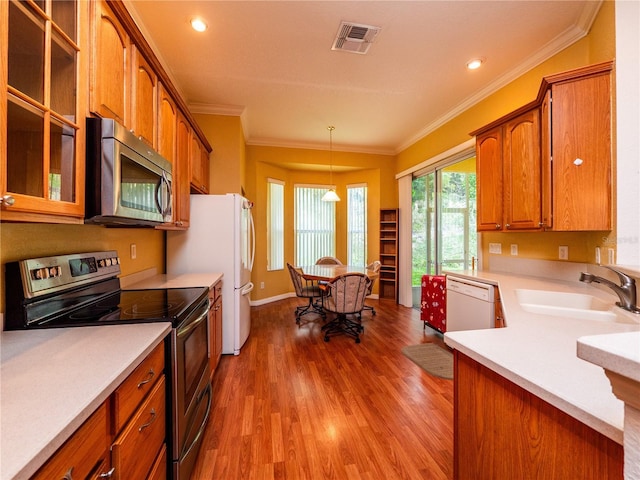 kitchen featuring sink, stainless steel appliances, pendant lighting, light hardwood / wood-style floors, and ornamental molding