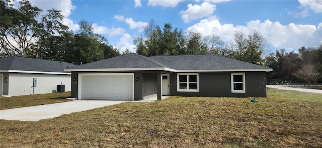 single story home featuring a garage, central air condition unit, and a front lawn