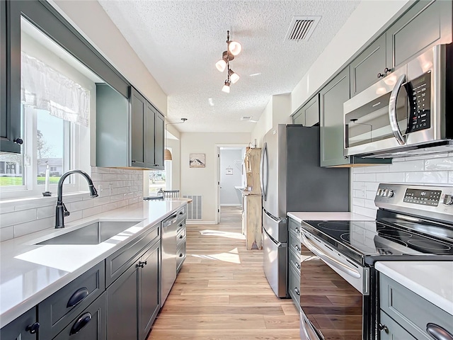 kitchen featuring decorative backsplash, light wood-type flooring, stainless steel appliances, and sink