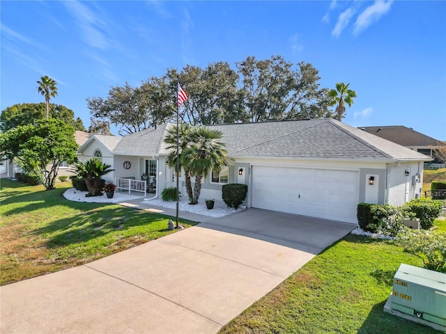 ranch-style house with a front yard, a porch, and a garage