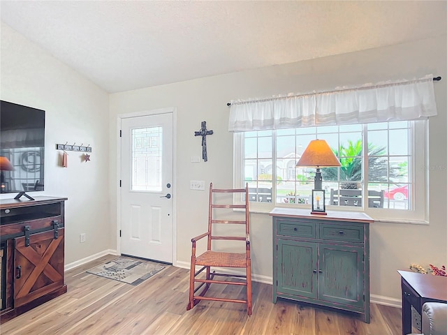 foyer with lofted ceiling, a wealth of natural light, and light wood-type flooring