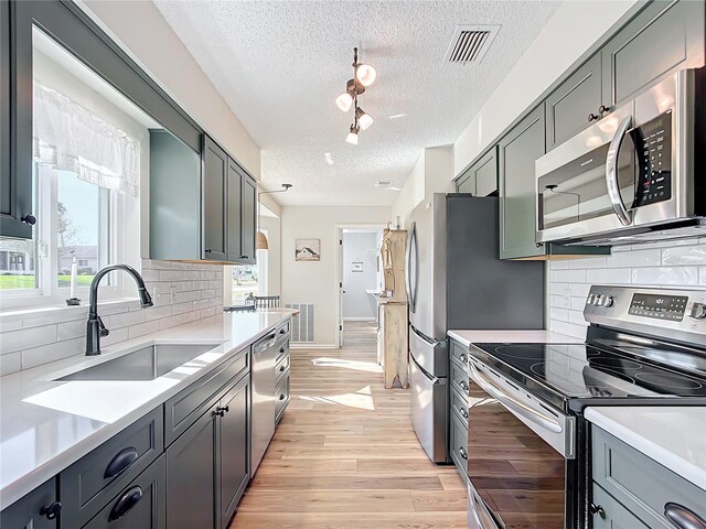 kitchen with sink, backsplash, light hardwood / wood-style flooring, and stainless steel appliances