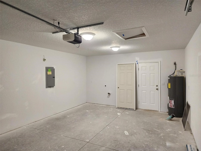 garage featuring electric panel, electric water heater, and a garage door opener