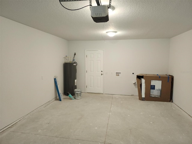 garage with electric water heater and a garage door opener