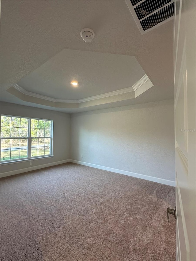 carpeted spare room featuring a tray ceiling and ornamental molding