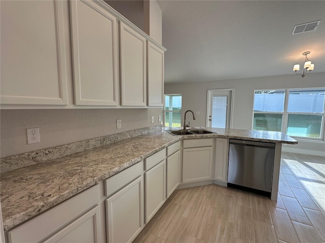 kitchen with kitchen peninsula, white cabinetry, sink, and stainless steel dishwasher