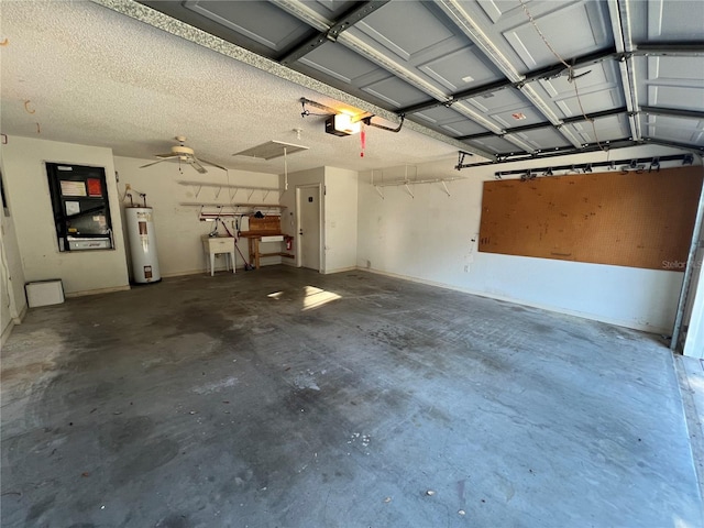 garage with water heater and a garage door opener