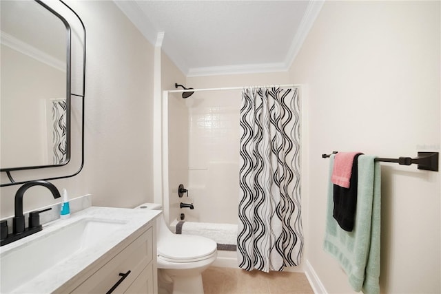 bathroom featuring vanity, a shower with curtain, tile patterned flooring, toilet, and ornamental molding