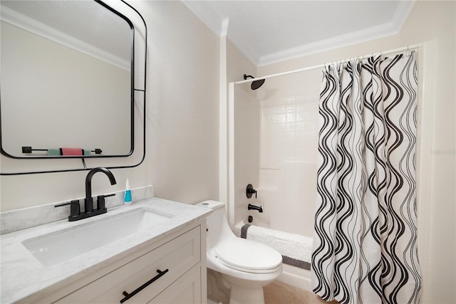 bathroom featuring toilet, vanity, and ornamental molding