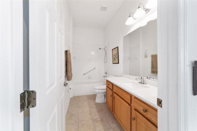 full bathroom featuring tile patterned floors, bathing tub / shower combination, vanity, and toilet