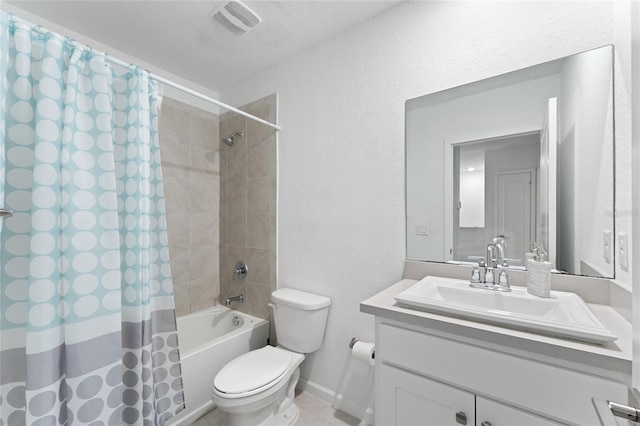 bathroom featuring visible vents, baseboards, toilet, shower / bath combination with curtain, and vanity