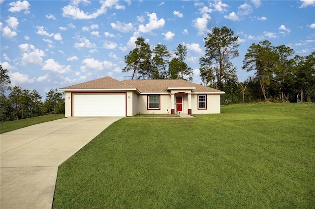 ranch-style house featuring a garage and a front yard