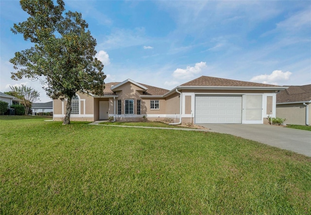 single story home with a front lawn and a garage