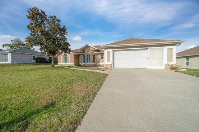 single story home with a garage and a front lawn