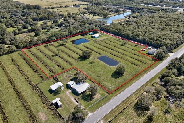 birds eye view of property with a rural view and a water view