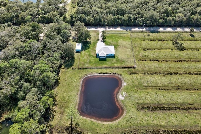 bird's eye view featuring a water view and a rural view