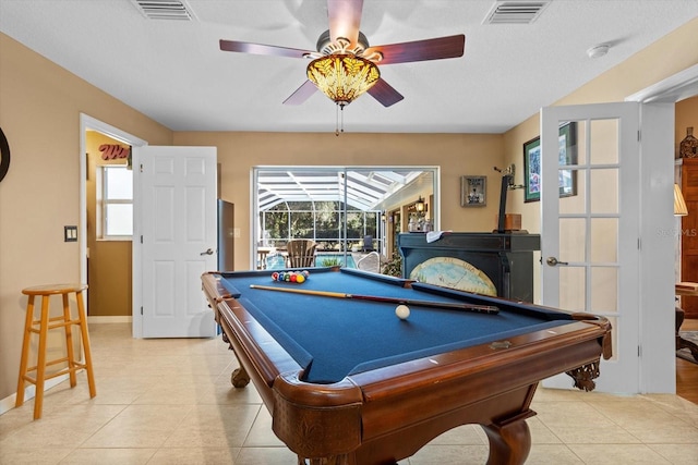 recreation room with ceiling fan, light tile patterned flooring, and pool table