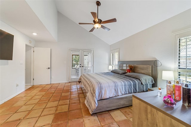 bedroom featuring multiple windows, ceiling fan, high vaulted ceiling, and access to exterior