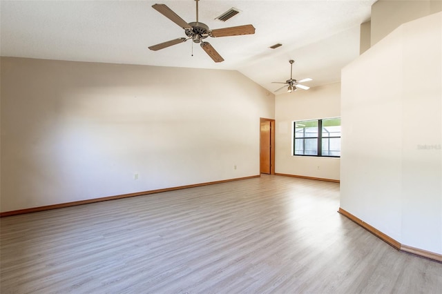 unfurnished room featuring ceiling fan, high vaulted ceiling, and light hardwood / wood-style flooring