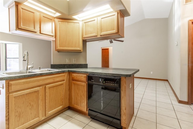 kitchen featuring lofted ceiling, light tile patterned flooring, kitchen peninsula, and black dishwasher