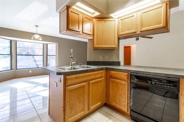 kitchen with black dishwasher, kitchen peninsula, sink, and light tile patterned floors