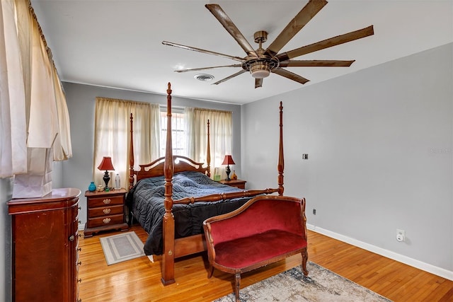 bedroom featuring ceiling fan and light hardwood / wood-style flooring