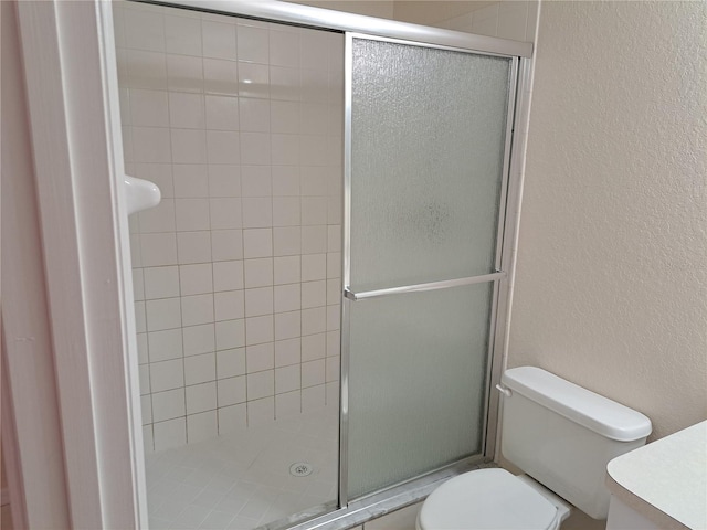 bathroom with vanity, toilet, and an enclosed shower