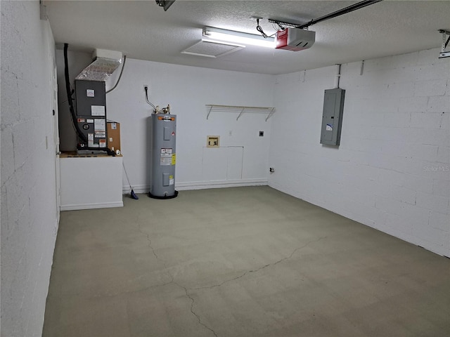 garage with electric panel, a garage door opener, and water heater