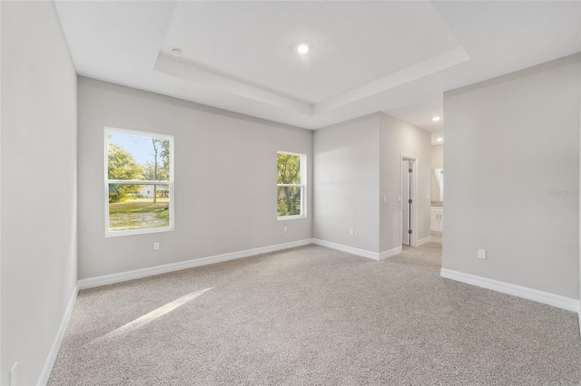 carpeted empty room with a tray ceiling