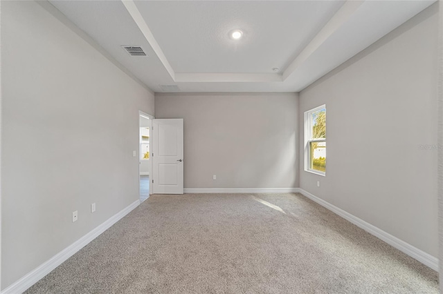 empty room featuring carpet floors and a tray ceiling