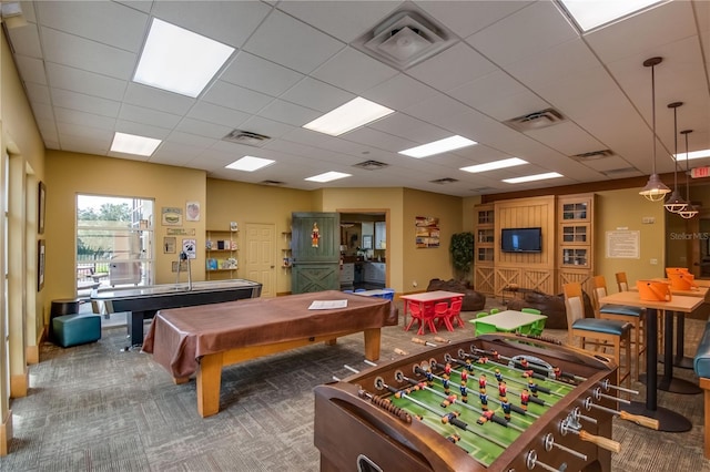 playroom with a paneled ceiling, pool table, and carpet floors