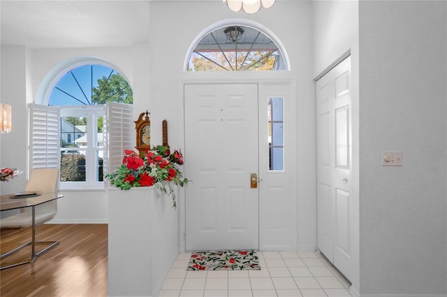 foyer entrance with a wealth of natural light and light hardwood / wood-style floors